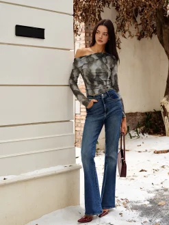 Sale Asymmetrical Printed Crop Mesh Top Crop Tops|Blouses & Shirts