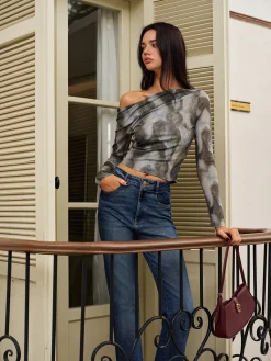 Sale Asymmetrical Printed Crop Mesh Top Crop Tops|Blouses & Shirts