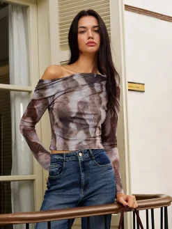 Online Asymmetrical Printed Crop Mesh Top Crop Tops|Blouses & Shirts