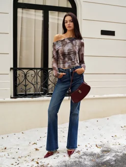 Online Asymmetrical Printed Crop Mesh Top Crop Tops|Blouses & Shirts