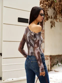Online Asymmetrical Printed Crop Mesh Top Crop Tops|Blouses & Shirts