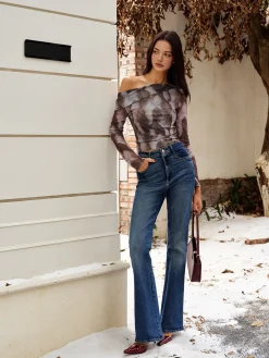 Online Asymmetrical Printed Crop Mesh Top Crop Tops|Blouses & Shirts