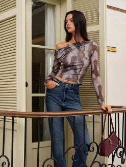 Online Asymmetrical Printed Crop Mesh Top Crop Tops|Blouses & Shirts