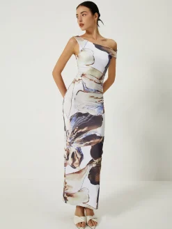 Clearance Asymmetrical Printed Off-Shoulder Slim Long Dress Casual Dresses|Work Dresses