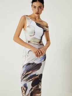 Clearance Asymmetrical Printed Off-Shoulder Slim Long Dress Casual Dresses|Work Dresses