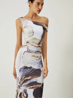 Clearance Asymmetrical Printed Off-Shoulder Slim Long Dress Casual Dresses|Work Dresses