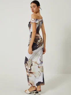 Clearance Asymmetrical Printed Off-Shoulder Slim Long Dress Casual Dresses|Work Dresses