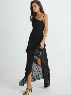 Asymmetrical Ruffle Net Long Dress Black Dresses|Cocktail & Party Dresses