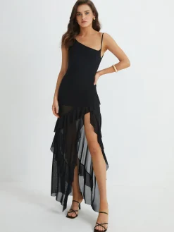 Asymmetrical Ruffle Net Long Dress Black Dresses|Cocktail & Party Dresses