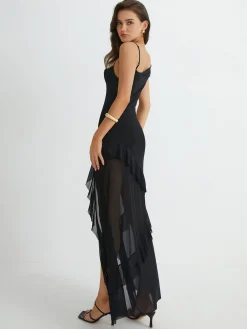 Asymmetrical Ruffle Net Long Dress Black Dresses|Cocktail & Party Dresses
