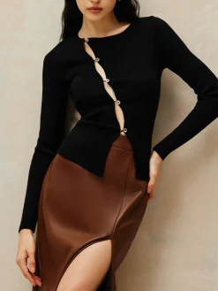 Discount Asymmetrical Split Button Knit Top Sweater Tops|Sweaters & Cardigans