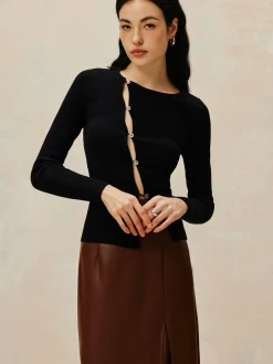 Discount Asymmetrical Split Button Knit Top Sweater Tops|Sweaters & Cardigans