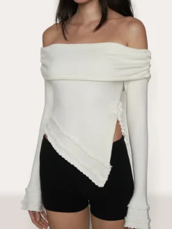 Sale Asymmetrical Split Off Shoulder Floral Cable Knit Top Sweater Tops|Sweaters & Cardigans