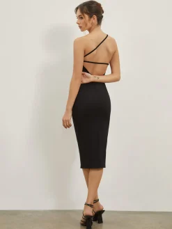 Discount Asymmetrical Strap Open Back Midi Dress Black Dresses|Sweater Dresses