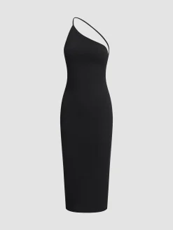Discount Asymmetrical Strap Open Back Midi Dress Black Dresses|Sweater Dresses