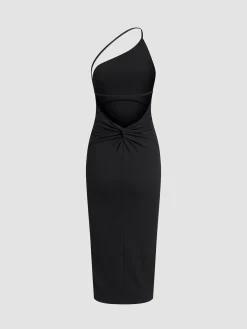 Discount Asymmetrical Strap Open Back Midi Dress Black Dresses|Sweater Dresses