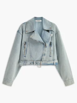 Asymmetrical Zipper Belted Denim Jacket Outerwear|Denim