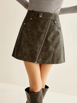 Outlet Asymmetrical Zipper Pockets Faux Leather Skirt Skirts|Bottoms