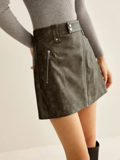 Outlet Asymmetrical Zipper Pockets Faux Leather Skirt Skirts|Bottoms