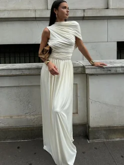 Hot Asymmetry Pleat Sleeveless Long Dress White Dresses|Cocktail & Party Dresses