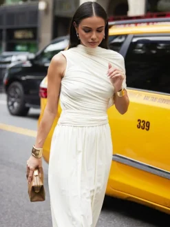Hot Asymmetry Pleat Sleeveless Long Dress White Dresses|Cocktail & Party Dresses