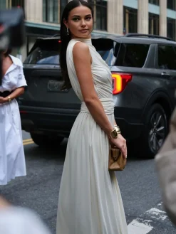 Hot Asymmetry Pleat Sleeveless Long Dress White Dresses|Cocktail & Party Dresses