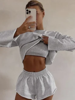 Outlet Athleisure Long Sleeve Three Piece Shorts Set Shorts Sets|Long Sleeve Sets