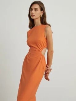 Clearance Back Cutout Linen Midi Dress Casual Dresses|Vacation Dresses