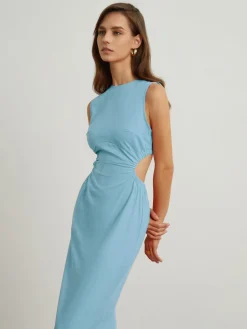 Clearance Back Cutout Linen Midi Dress Casual Dresses|Vacation Dresses