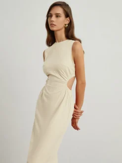 Clearance Back Cutout Linen Midi Dress Casual Dresses|Vacation Dresses