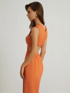 Clearance Back Cutout Linen Midi Dress Casual Dresses|Vacation Dresses