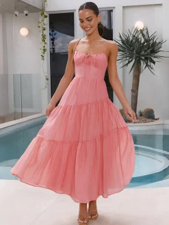Sale Back Smocking Design Tiered Cami Long Dress Casual Dresses|Vacation Dresses