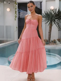 Sale Back Smocking Design Tiered Cami Long Dress Casual Dresses|Vacation Dresses