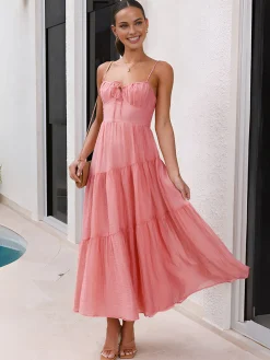 Sale Back Smocking Design Tiered Cami Long Dress Casual Dresses|Vacation Dresses