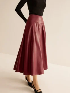 Outlet Back Zipper Pleated Faux Leather Skirt Skirts|Bottoms