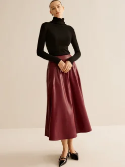 Outlet Back Zipper Pleated Faux Leather Skirt Skirts|Bottoms