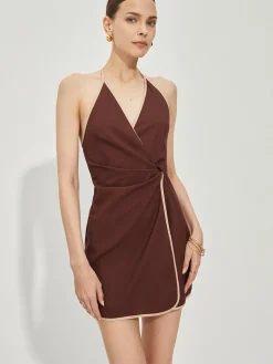 Clearance Backless Contrast Trim Knotted Dress Vacation Dresses|Summer Dresses