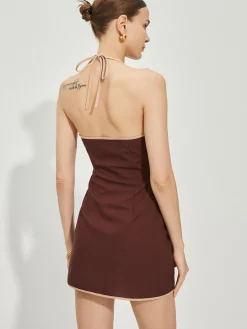 Clearance Backless Contrast Trim Knotted Dress Vacation Dresses|Summer Dresses