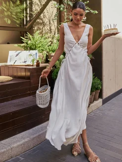 Hot Backless Cutout Criss Cross Dress White Dresses|Vacation Dresses