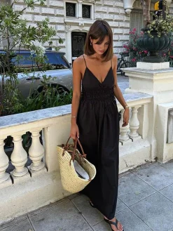 Backless Drawstring Cami Long Dress Black Dresses|Casual Dresses