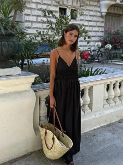 Backless Drawstring Cami Long Dress Black Dresses|Casual Dresses