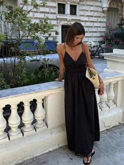 Backless Drawstring Cami Long Dress Black Dresses|Casual Dresses