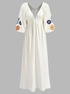 Hot Backless Embroidery V-Neck Floral Dress White Dresses|Casual Dresses
