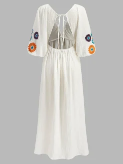 Hot Backless Embroidery V-Neck Floral Dress White Dresses|Casual Dresses
