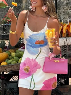 Hot Backless Floral Short Dress White Dresses|Casual Dresses