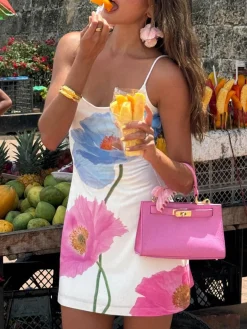Hot Backless Floral Short Dress White Dresses|Casual Dresses