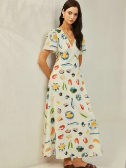 Sale Backless Knotted Floral V-Neck Dress White Dresses|Casual Dresses