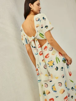 Sale Backless Knotted Floral V-Neck Dress White Dresses|Casual Dresses