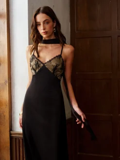 Clearance Backless Long-Ribbon Lace Panel Satin Cami Dress Dresses