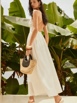 Outlet Backless Pleated Deep V-Neck Dress White Dresses|Casual Dresses